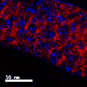 High resolution EFTEM composition mapping micrographs of a hybrid cross-sectioned FIB P3HT-b-PEO block copolymer and ZnO film. Zinc-rich domains are blue and sulfur-rich domains are red. 